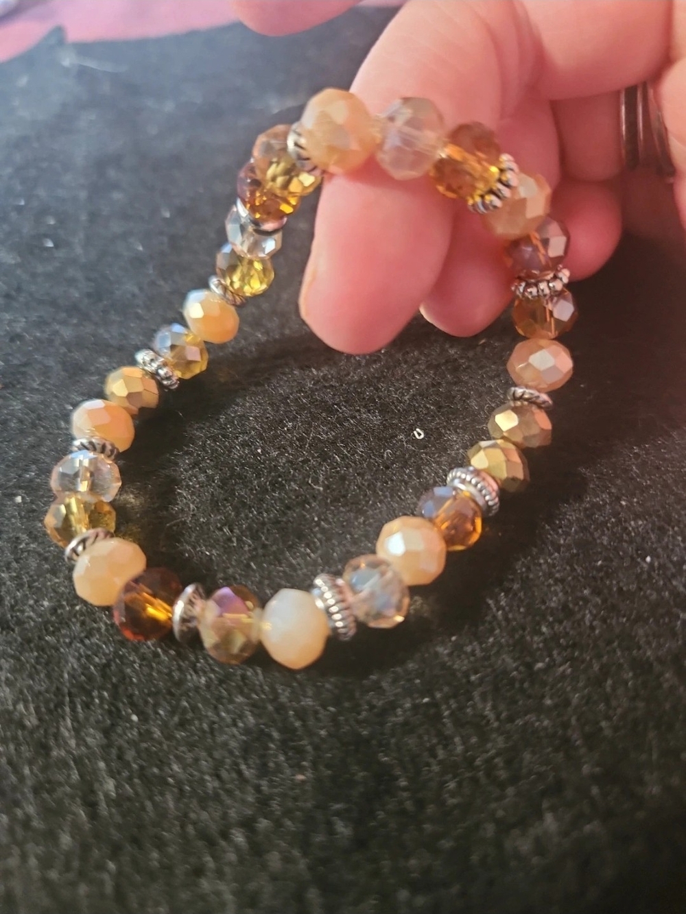 Hand Crafted Amber and Crystal Faceted Bead Stretch Bracelet